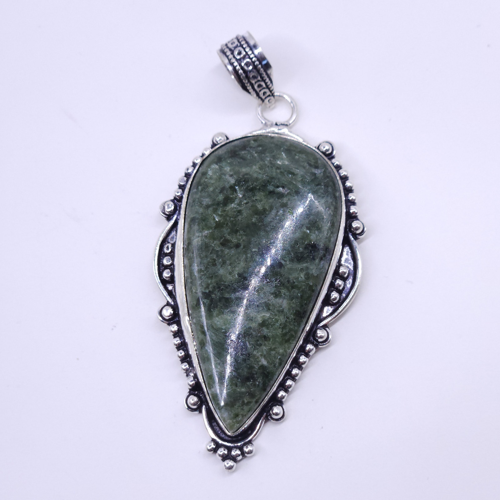Large Green Serpentine Sterling Silver Pendant, 2x1 inches