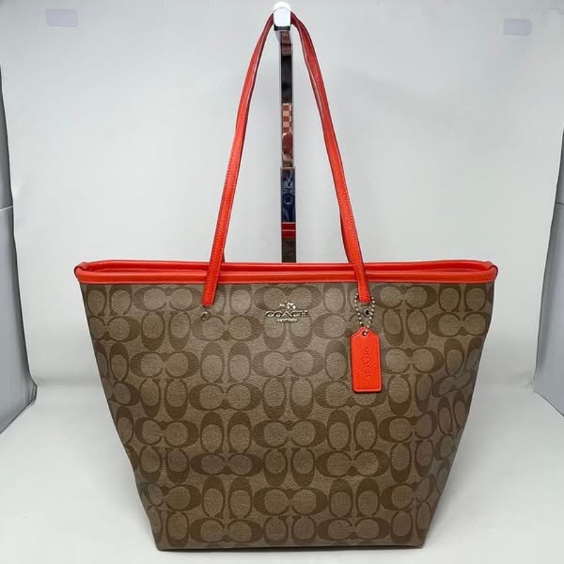 Coach City Tote Bag Signature Logo Khaki Tan Coated Canvas Zip Top Orange F34104