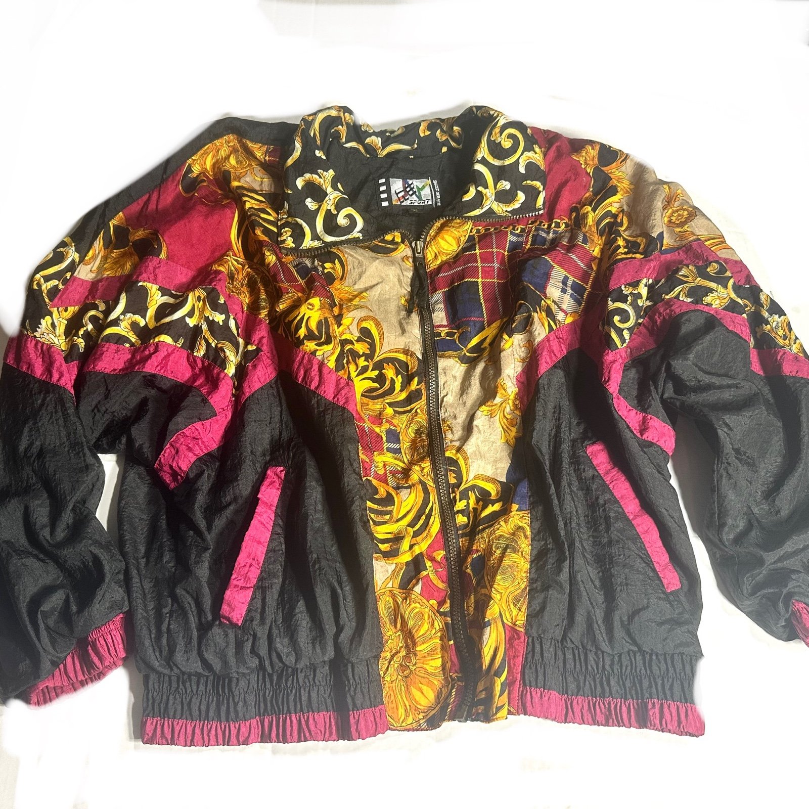 Vintage RE River Edge Vivid Dark Baroque Print Jacket Sz XL Bomber Oversize 80s