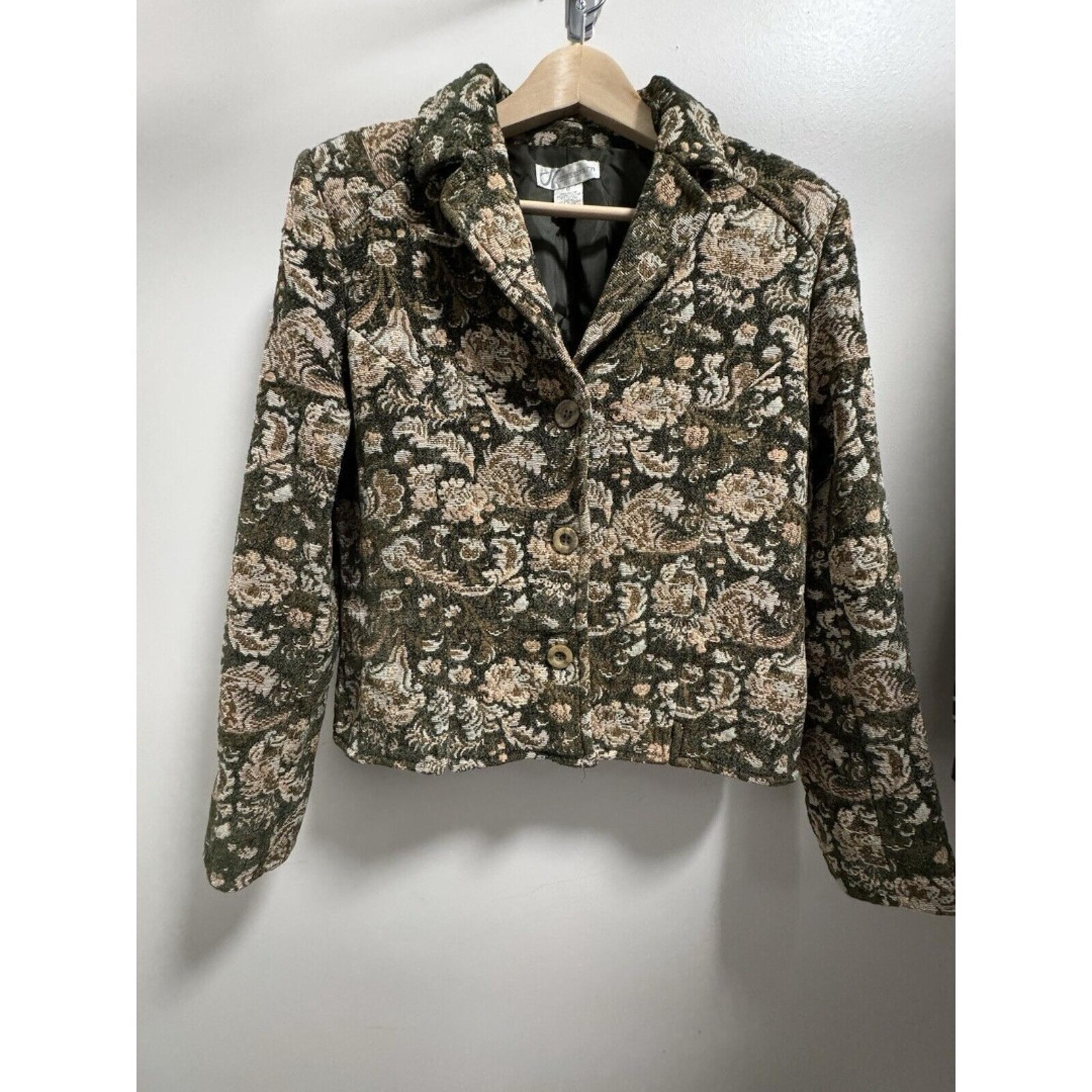Vtg Dress Barn Blazer Tapestry Green Floral Jacket Women's 12 Cottage