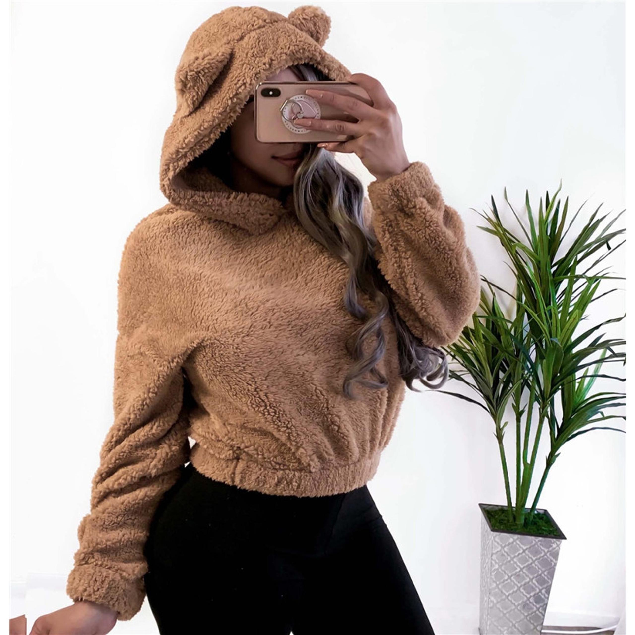 Cropped Teddy Bear Hoodie Brown Jr Medium of Small Adult With Ears