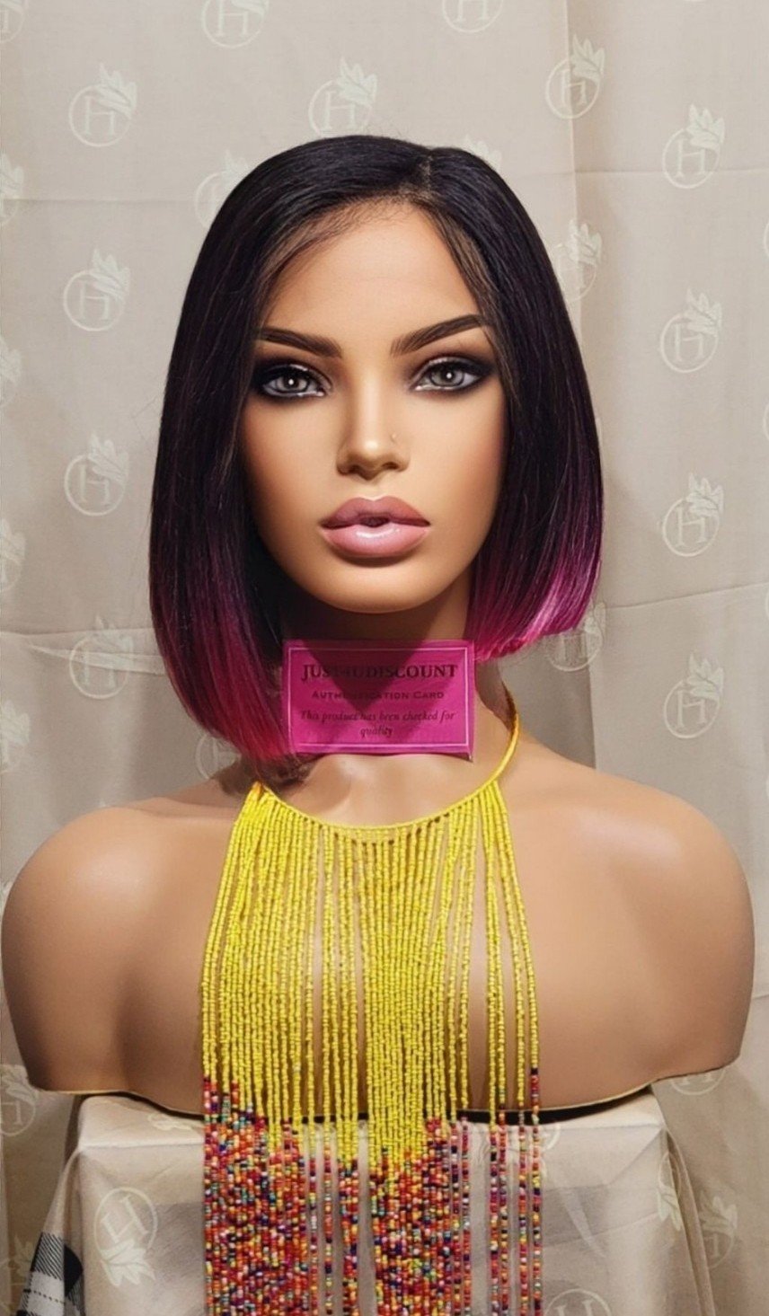 Black bob hot pink dipped lace h.d wig