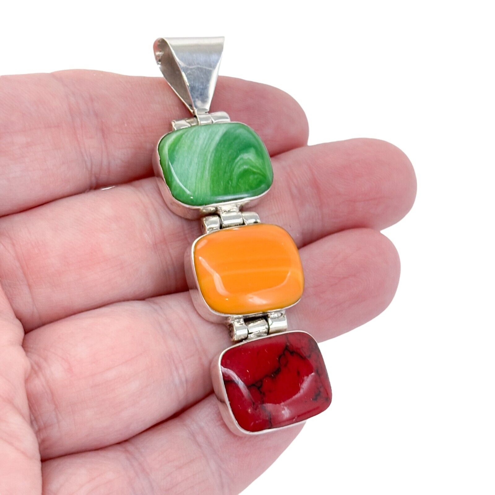 Vintage Mexico Sterling Silver 925 Spiny Oyster, Jasper, and Shell Pendant
