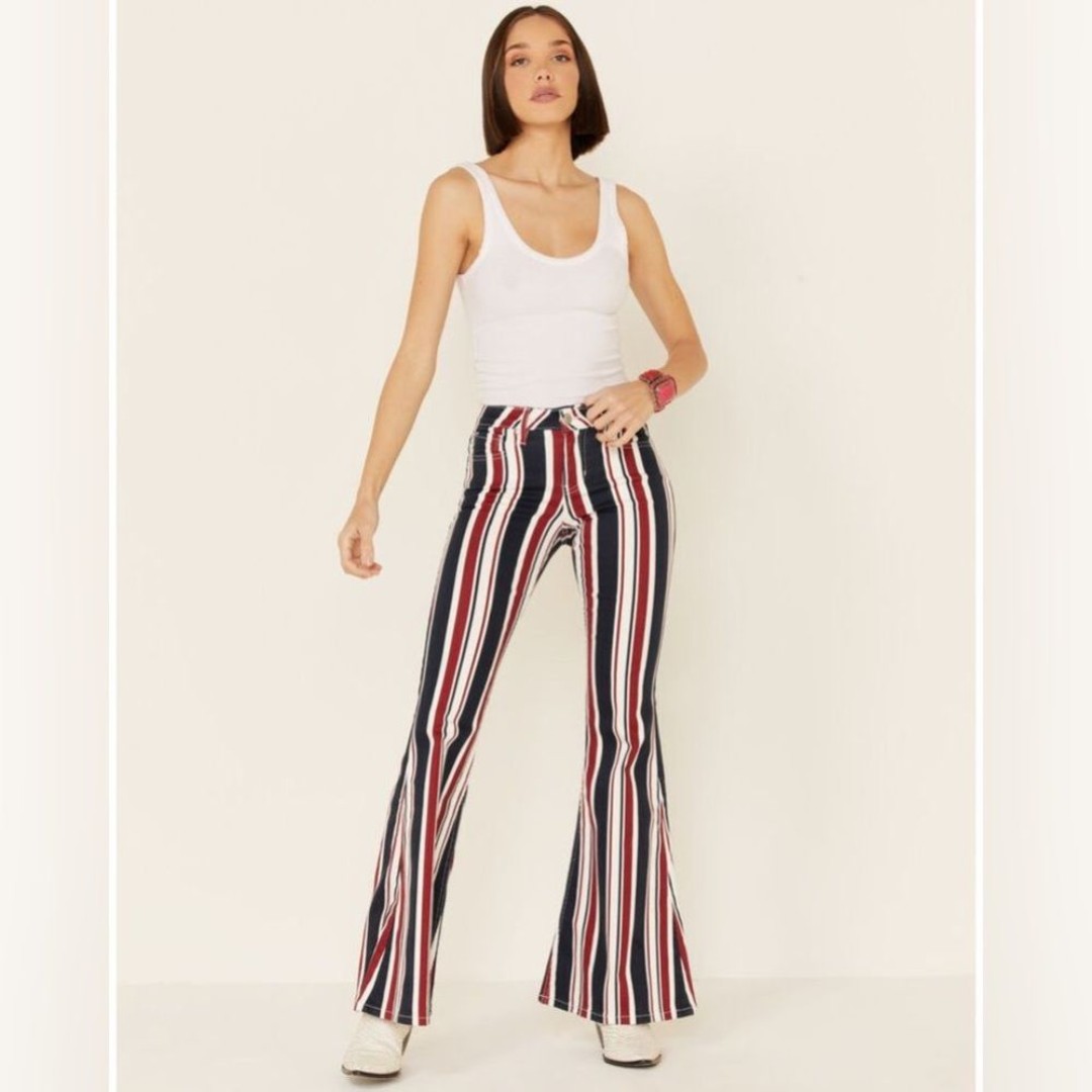 Shyanne Women’s Red White and Blue Stripped Flare Denim Jeans NWOT