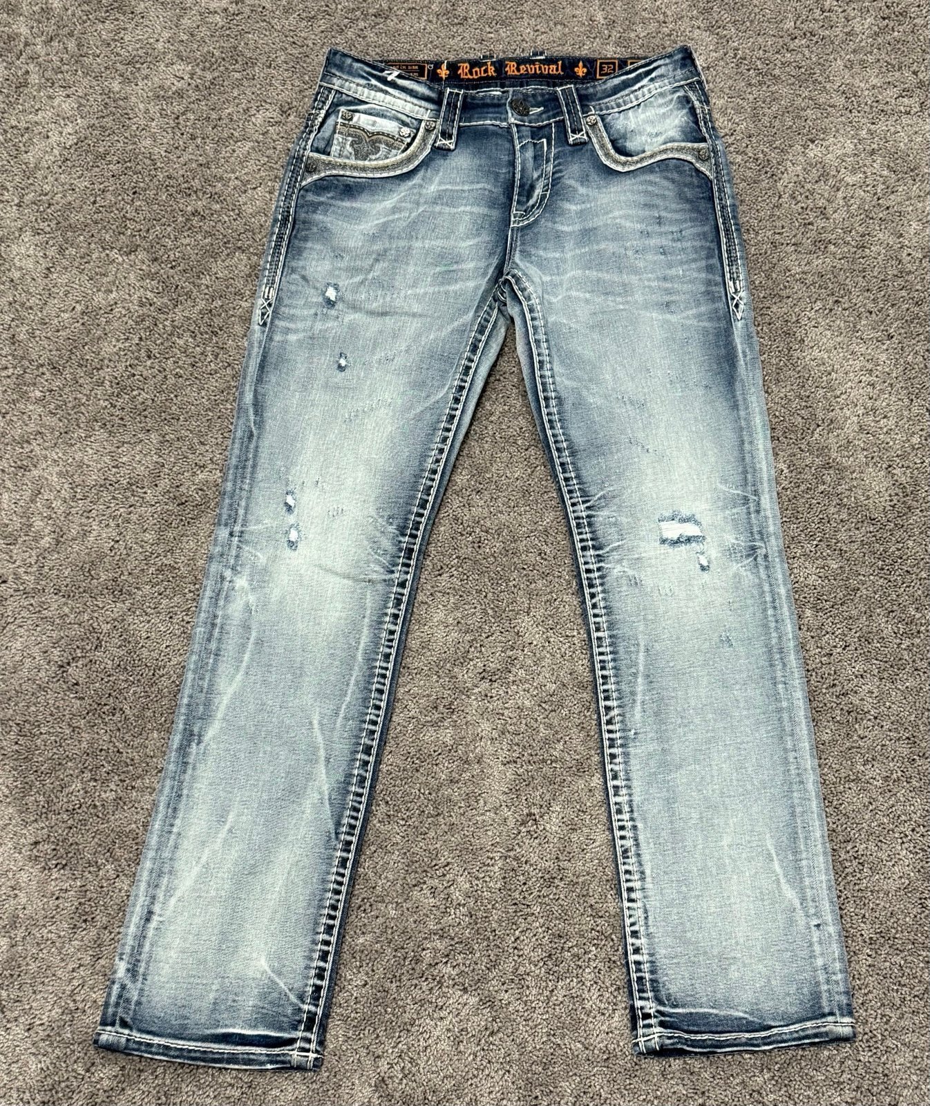 Rock Revival Axel Straight Blue Denim Jeans Distressed Mens Size 32