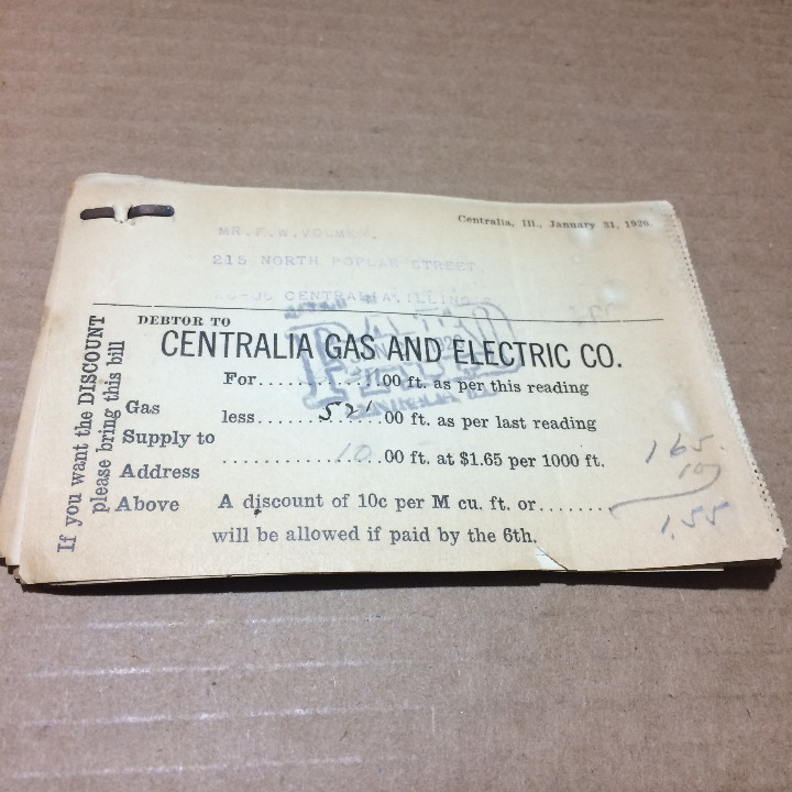 Vtg 1917 Through 1920 Centralia IL Gas And Electric Co Bill Statement
