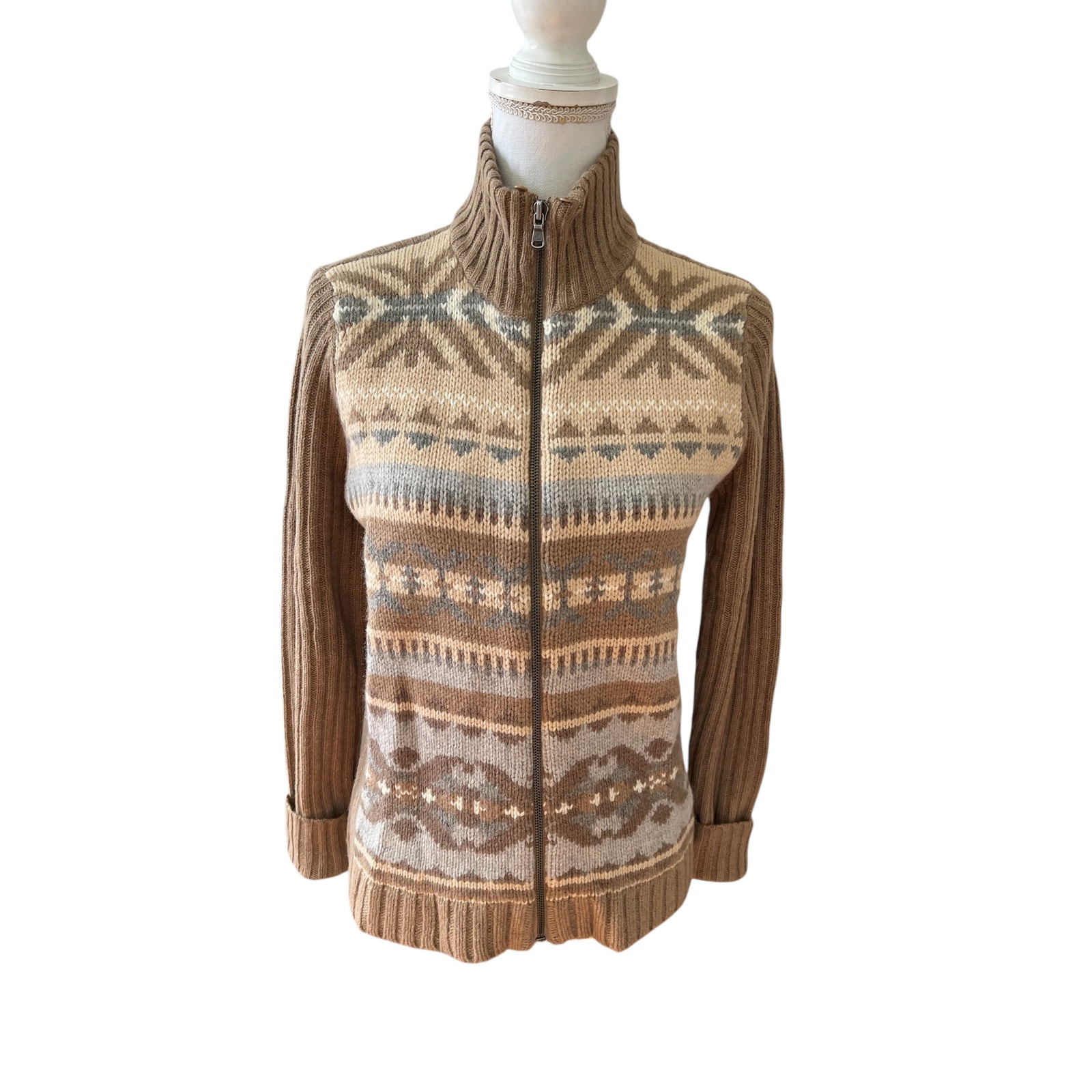 Ralph Lauren LRL Southwestern Print Cardigan Sweater Tan Blue Cream M