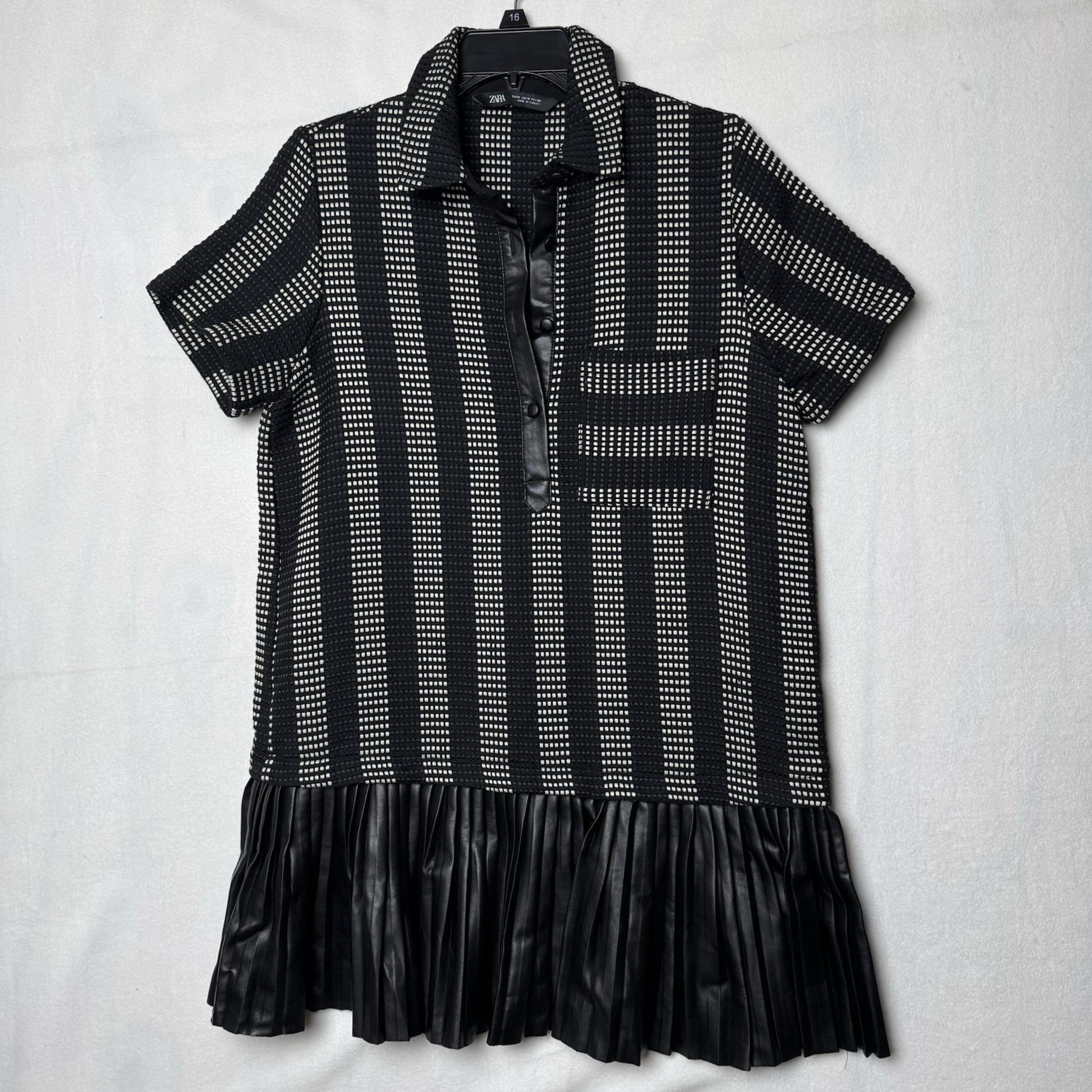 Zara Womens Shirt Dress Faux Leather Pleated Black Geometric Size Medium