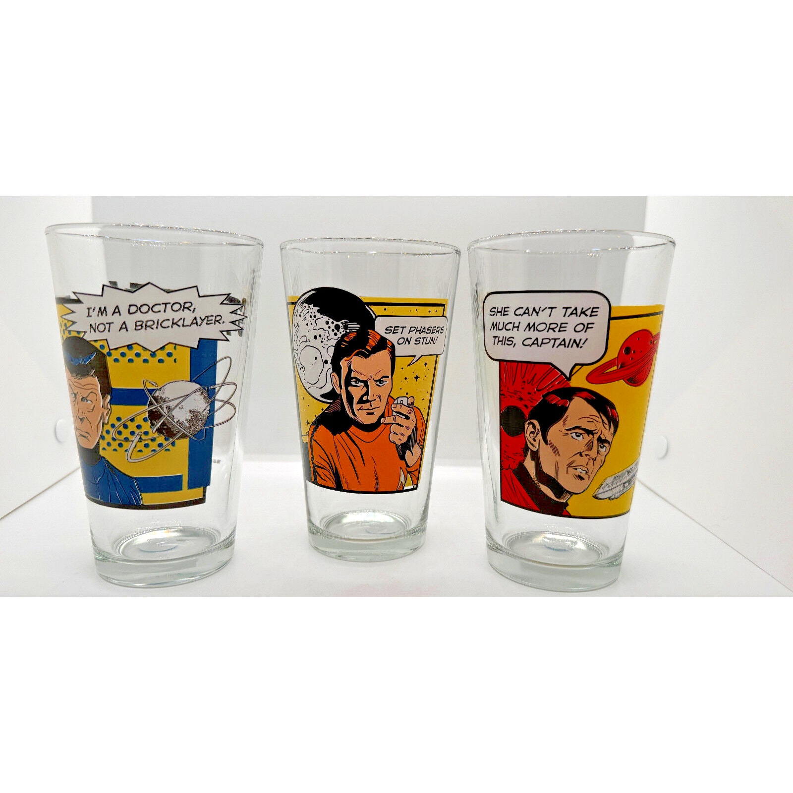 2012 Star Trek Collector Comic Strip Glasses, 10 oz - MINT Condition lot of 3