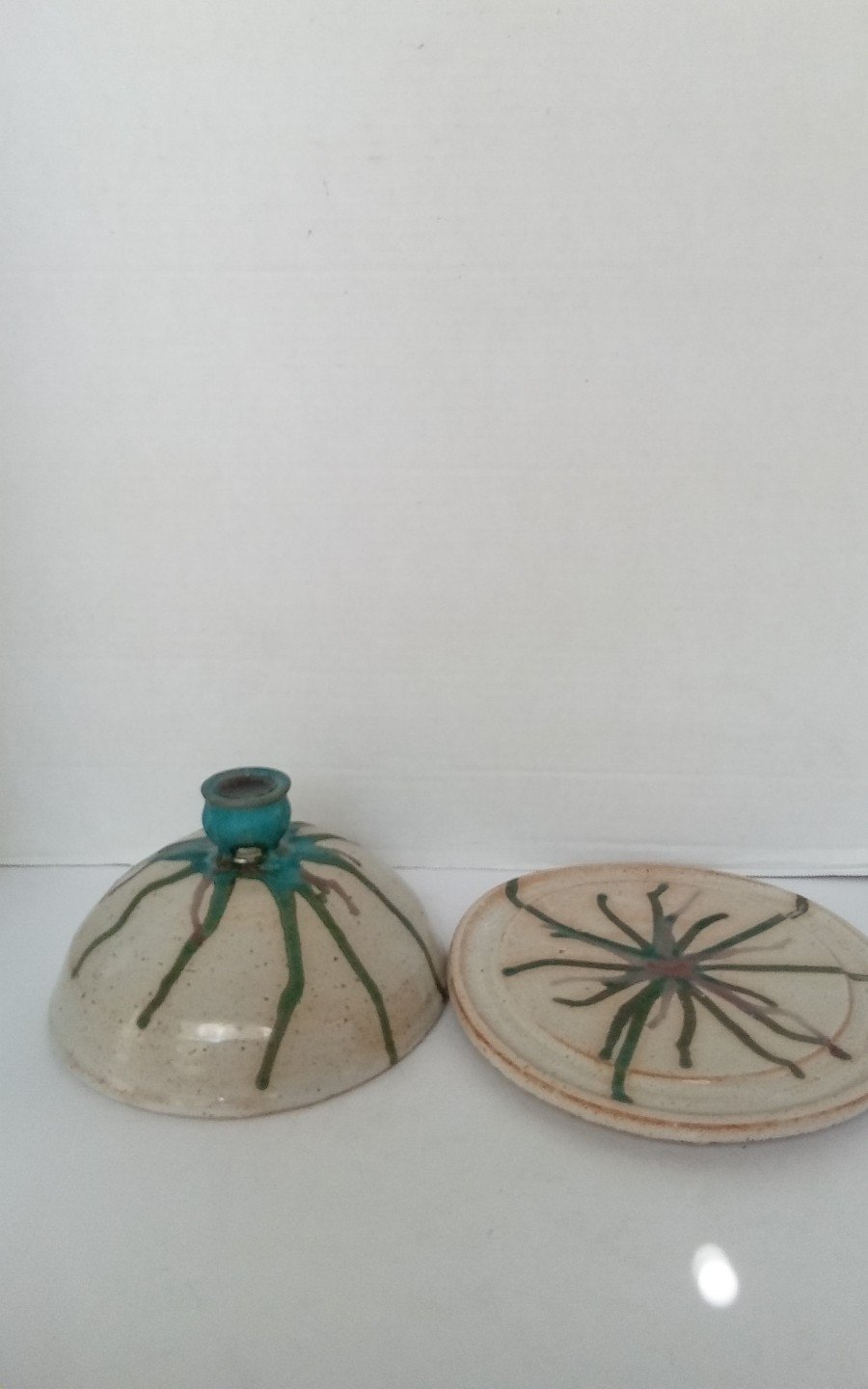 Vintage Handcrafted Ceramic Butter Dish with Turquoise Accent Starburst Pattern