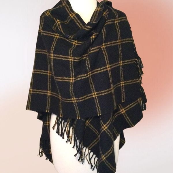 Kylie Fringed Black & Gold Plaid Poncho Wrap Shawl OS