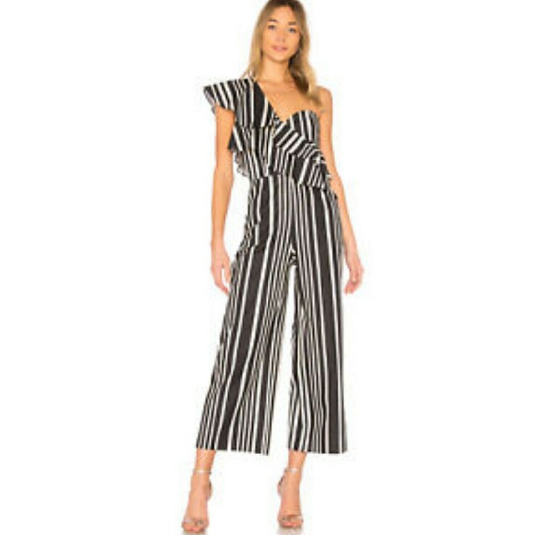 Alice & Olivia Black & Cream Ruffled One Shoulder Wide Leg Jumpsuit Women's Sz 4