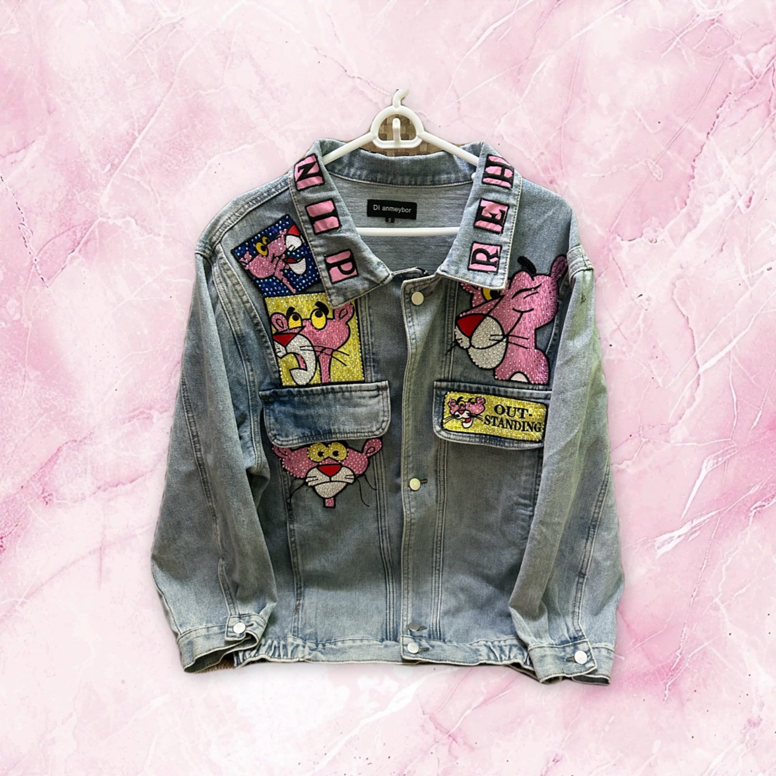 DI anmeybor Men’s Jean Jacket PinkPanther w/Rhistones size S