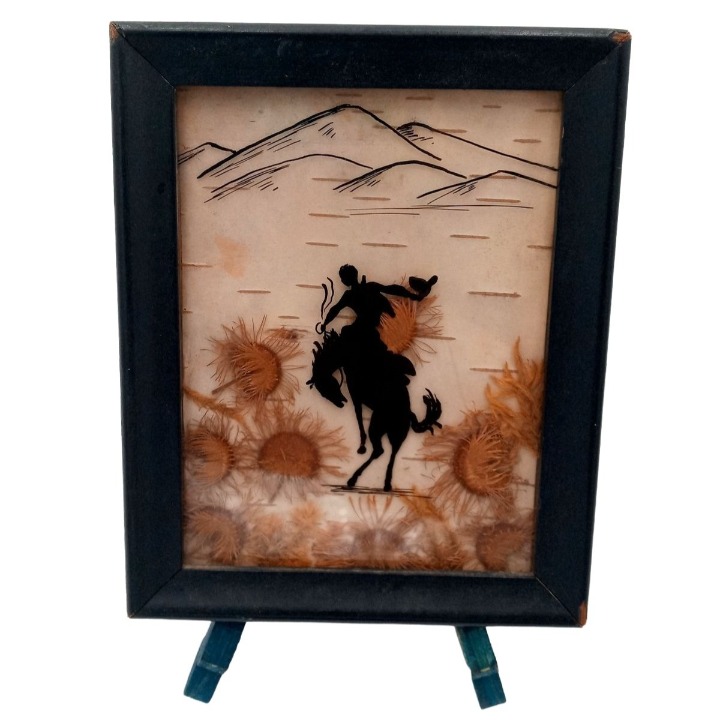 Antique Bronc Rider Cowboy Silhouette Pressed Flowers Wall Decor Western Ranch