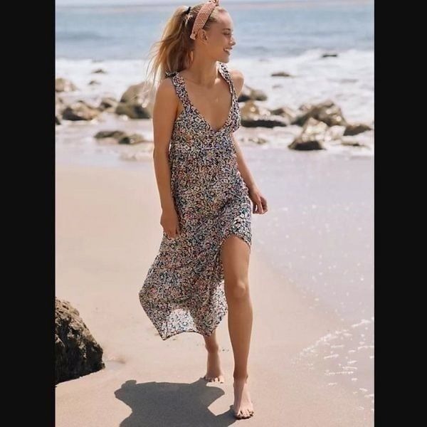 Anthropologie Maaji Navy & Orange Printed Cover-Up Maxi Dress Size Medium