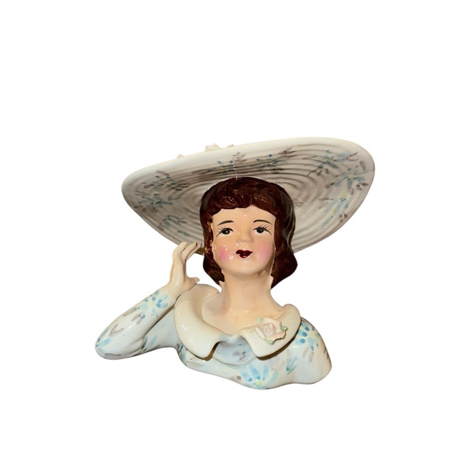 1950's Nippon Lady W/Large Brimmed Hat Head Vase Ceramic Head Vase Hand Painted