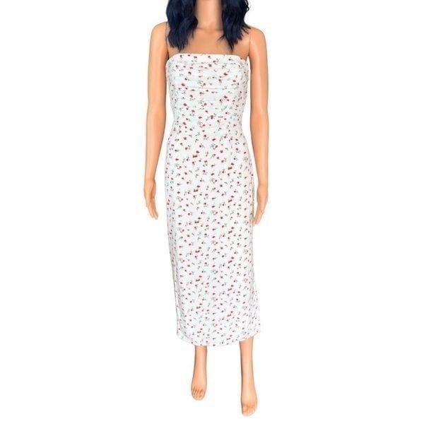 NWOT WAYF White Birdie Ruched Strapless Floral Midi Dress Size Medium