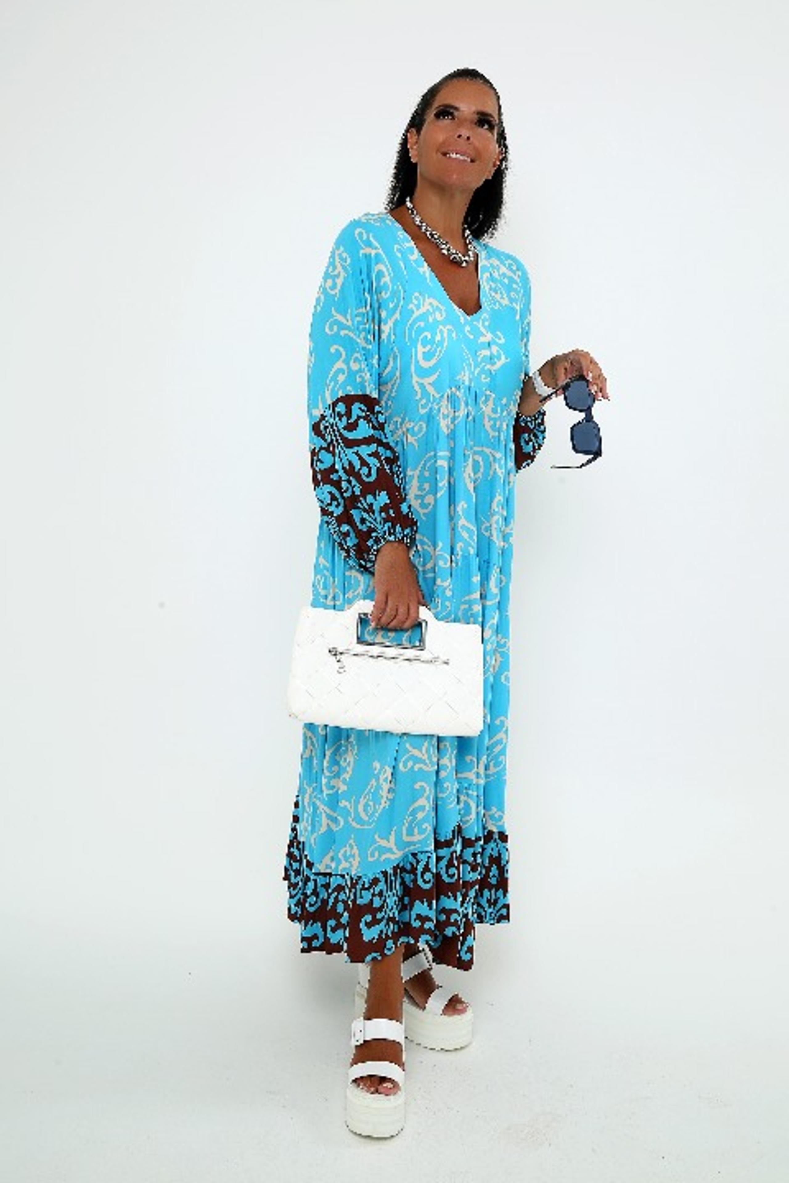 Women's Turquoise and Brown Boho Long Sleeve Flowy Viscose One Size Maxi Dress