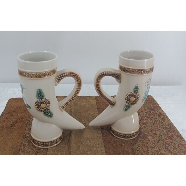 German Beer Stein Mug Vintage Horn Shaped with Caveman Troll 1986 Lot of 2