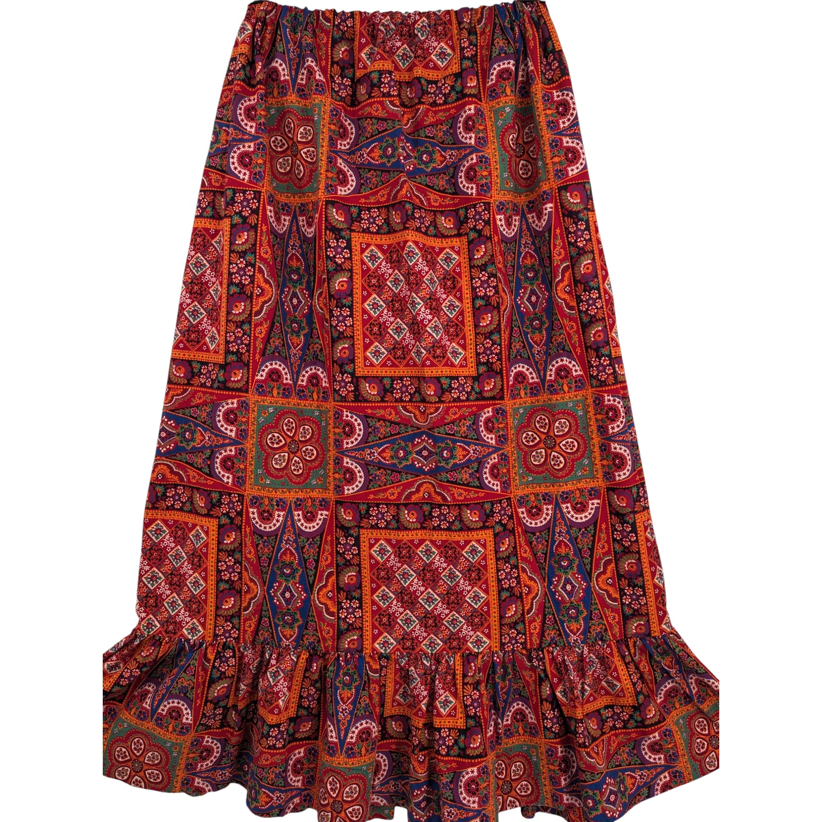 Vintage 1970s Faux Patchwork Long Ruffled Cotton MAXI HIPPIE SKIRT Prairie Style