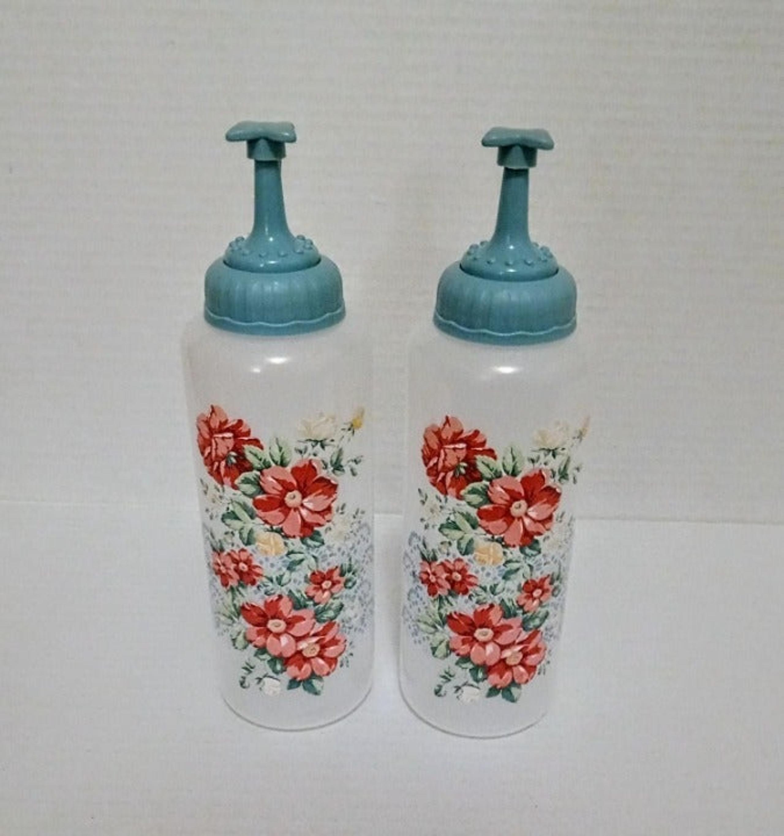 2 10oz Squeeze Plastic Bottle Teal Lid Vintage Floral New - Pioneer Woman