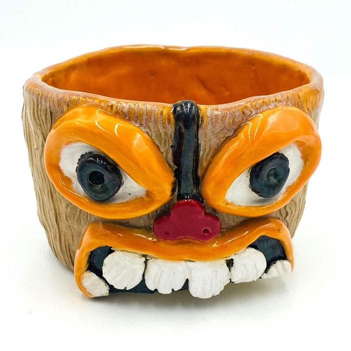 Art Pottery Tiki Planter/ Bowl Brown and Orange, Handmade Textured, Signed F.P.
