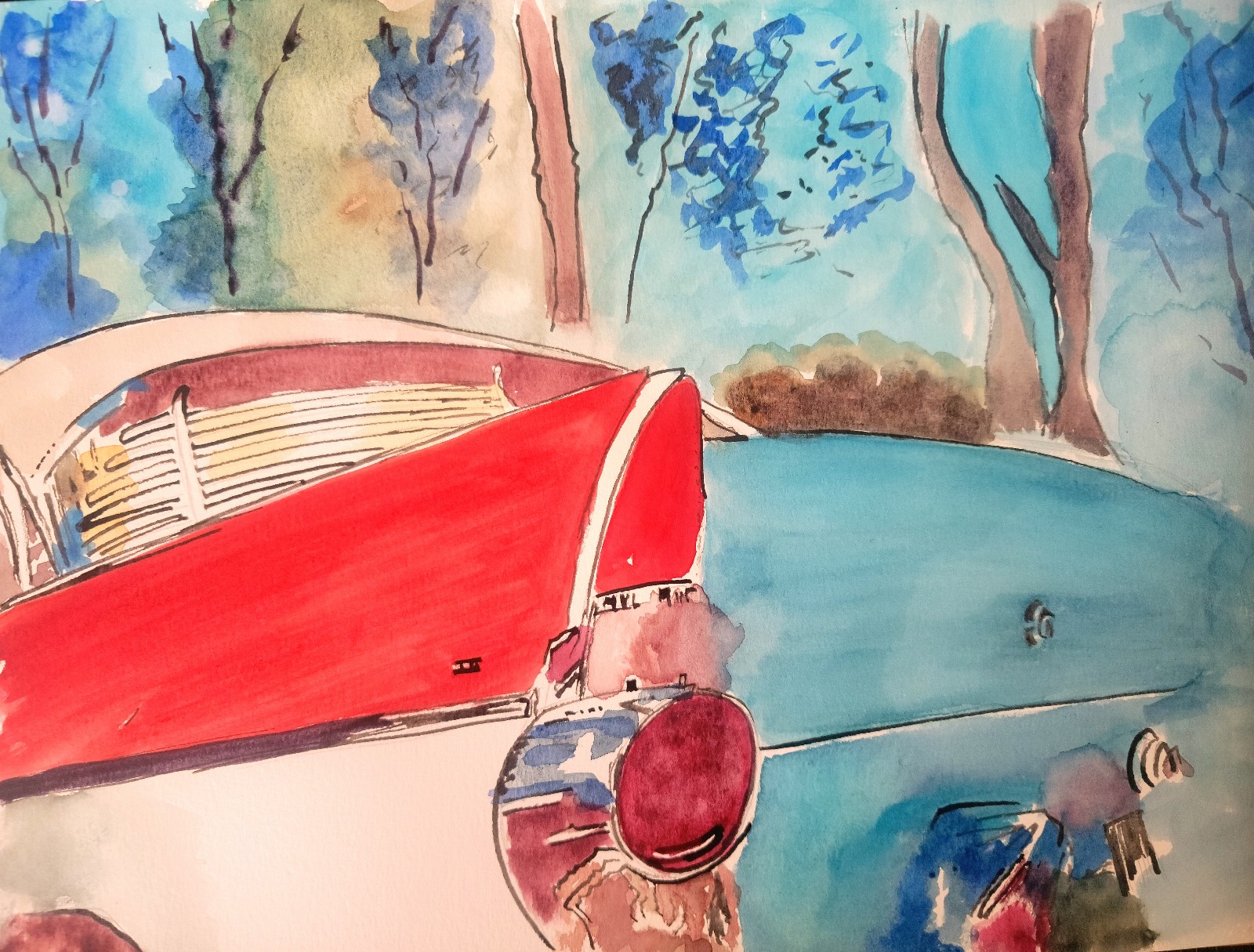 Tail lights painting watercolor wall art handpainted original