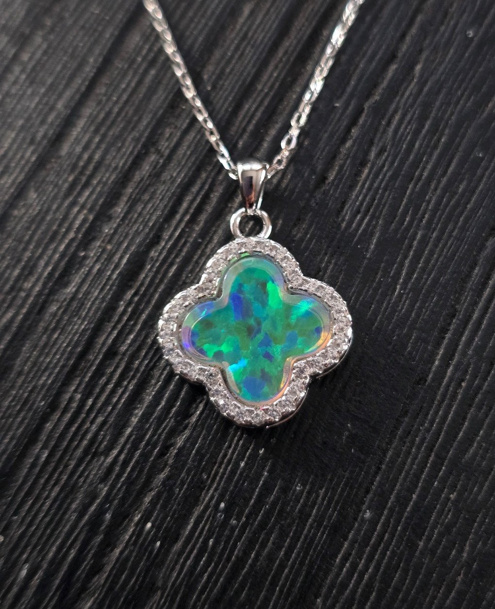 Opal clover rhodium solid 925 sterling silver necklace
