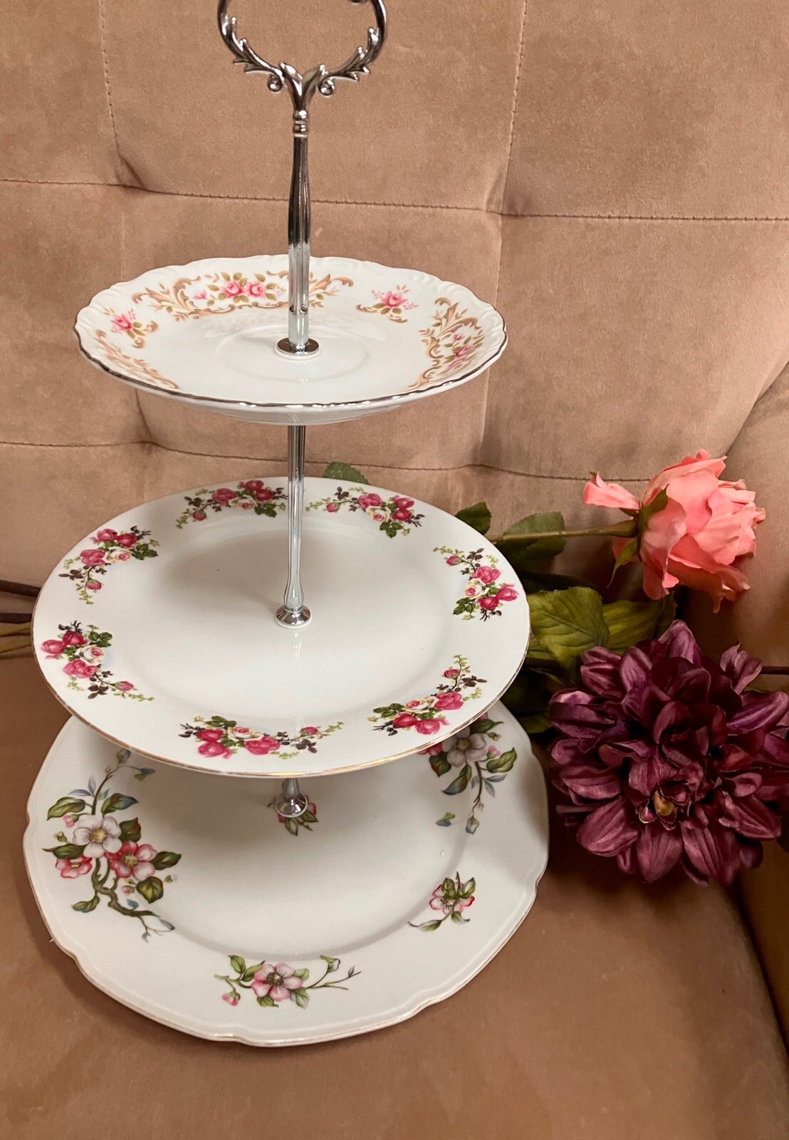 Lovely three tier cake stand, Beautiful spring colors, plates are vintage, 530