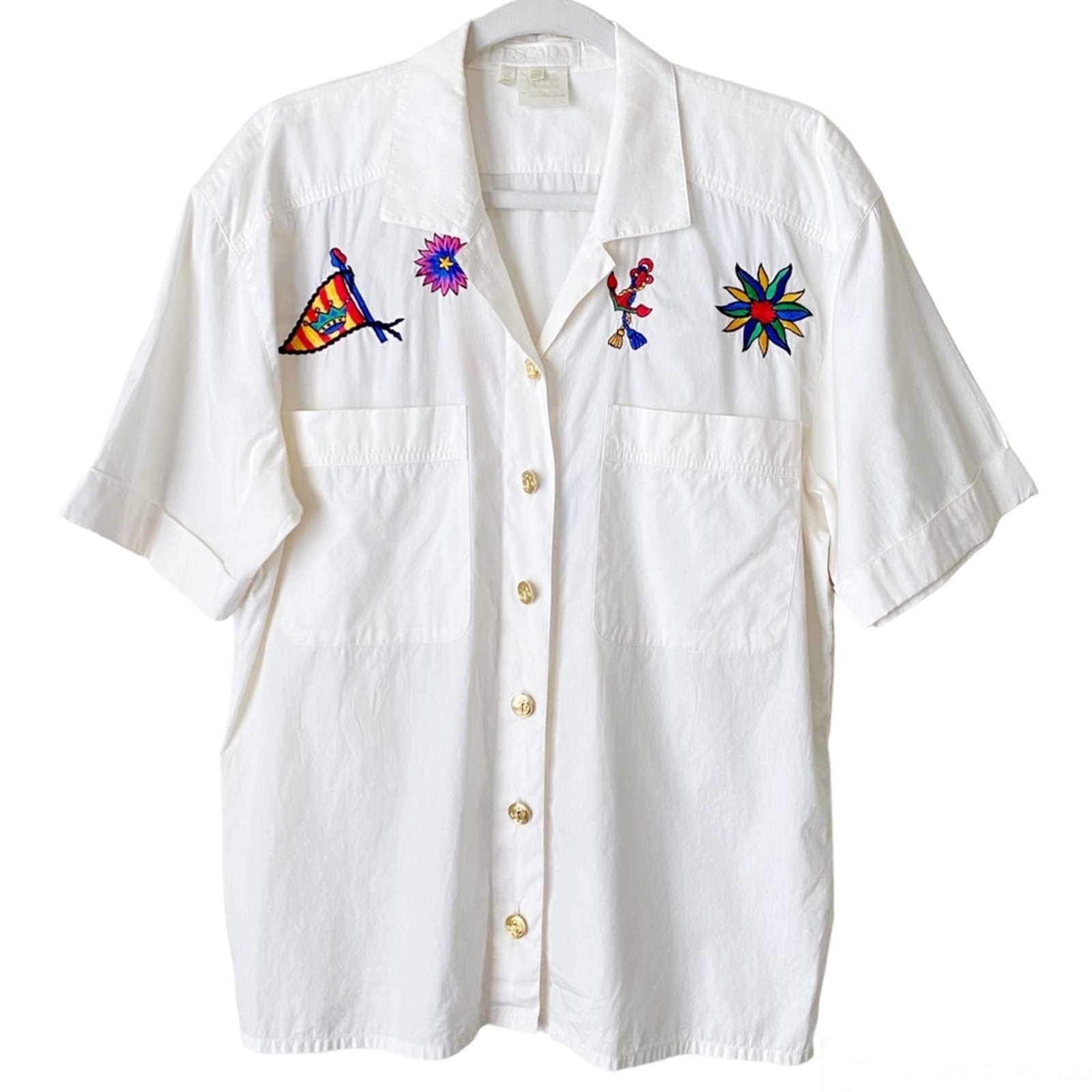 Vintage Escada Short Sleeve Button Down Nautical Anchors Cotton White Medium