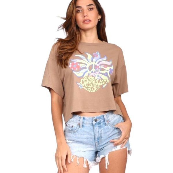 New! Daydreamer Women's Peace Sun Boxy Short Sleeve Crop Tee Taupe Tan XS NWT