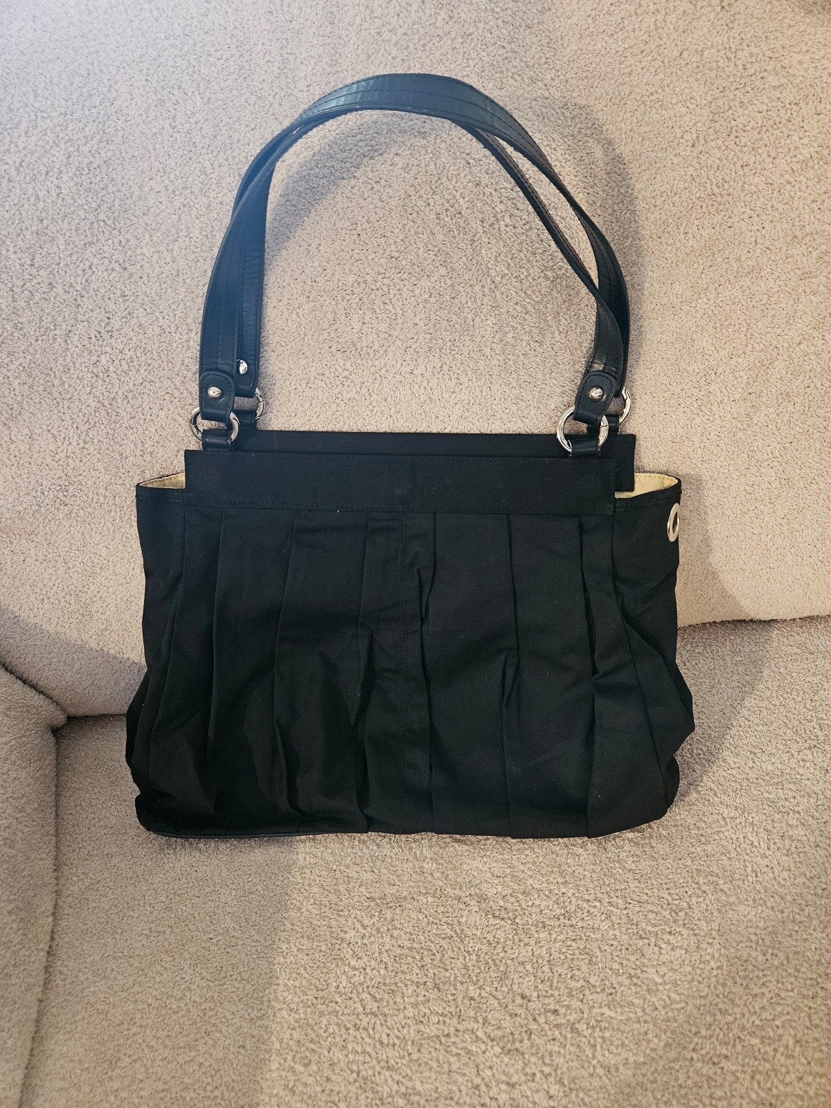 MICHE Prima Large handbag. Black pleated canvas shoulder bag.