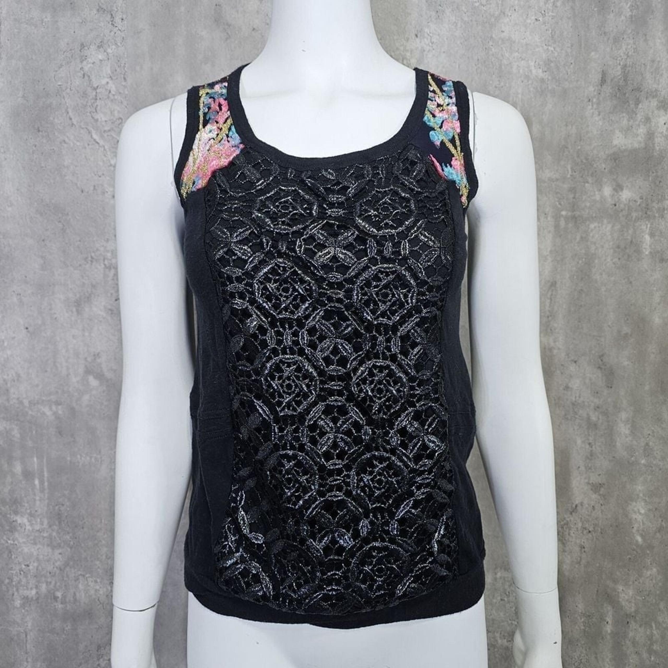 Custo Barcelona Womens 2 Black Embroidered Singlet Boho Tank Top Chic