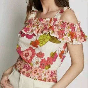 Anthropologie Pink Floral Printed Cold Shoulder Ruffle Tank Top