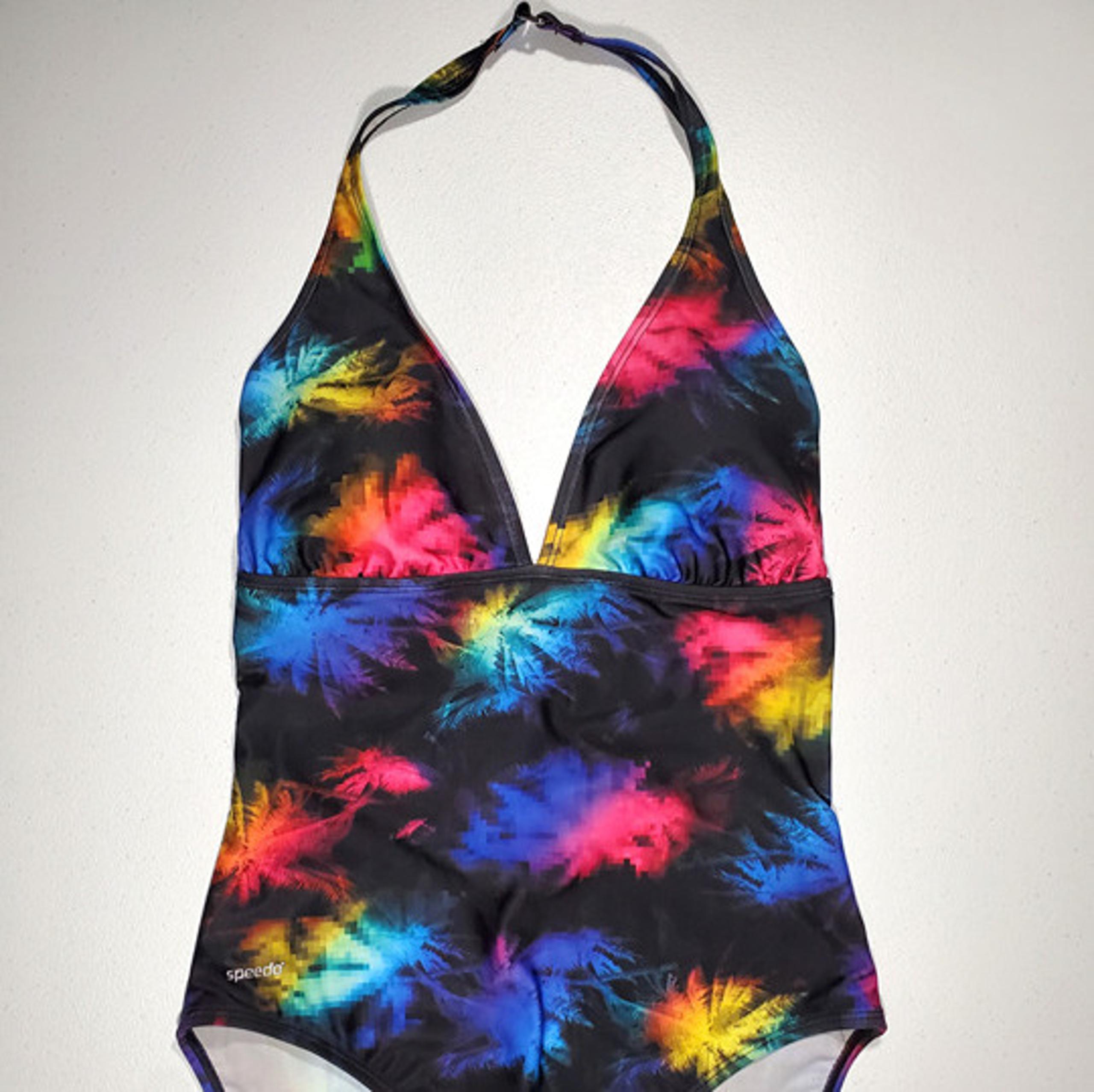 Speedo Women's Black Multicolor Tye Die One-Piece Halter Swimsuit. Size 14
