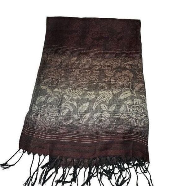 Cashmere Brown Floral Paisley Tasseled Pashmina Shawl Scarf Wrap 28”x 66”