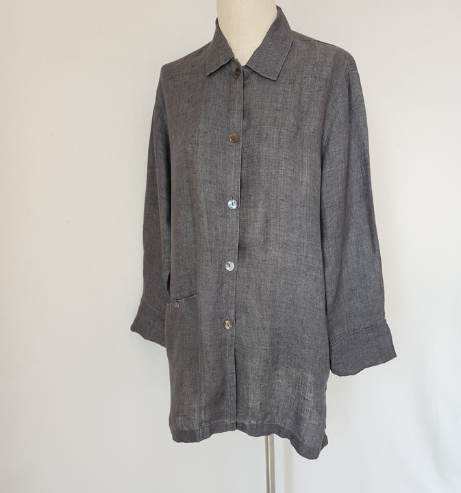 Vintage Chico's Design Linen Lagenlook Long Tunic Shirt Pearl Button Grey Sz.2/L
