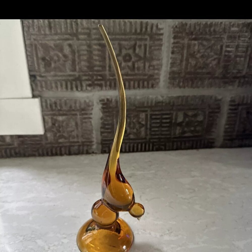 Vintage MCM Viking Glass Epic Line Long Amber Tail Bird Figurine 10 Ringholder