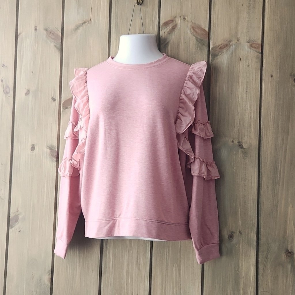 Matilda Jane Songbird Ruffle Sweatshirt, sz Medium, heather pink,NWOT