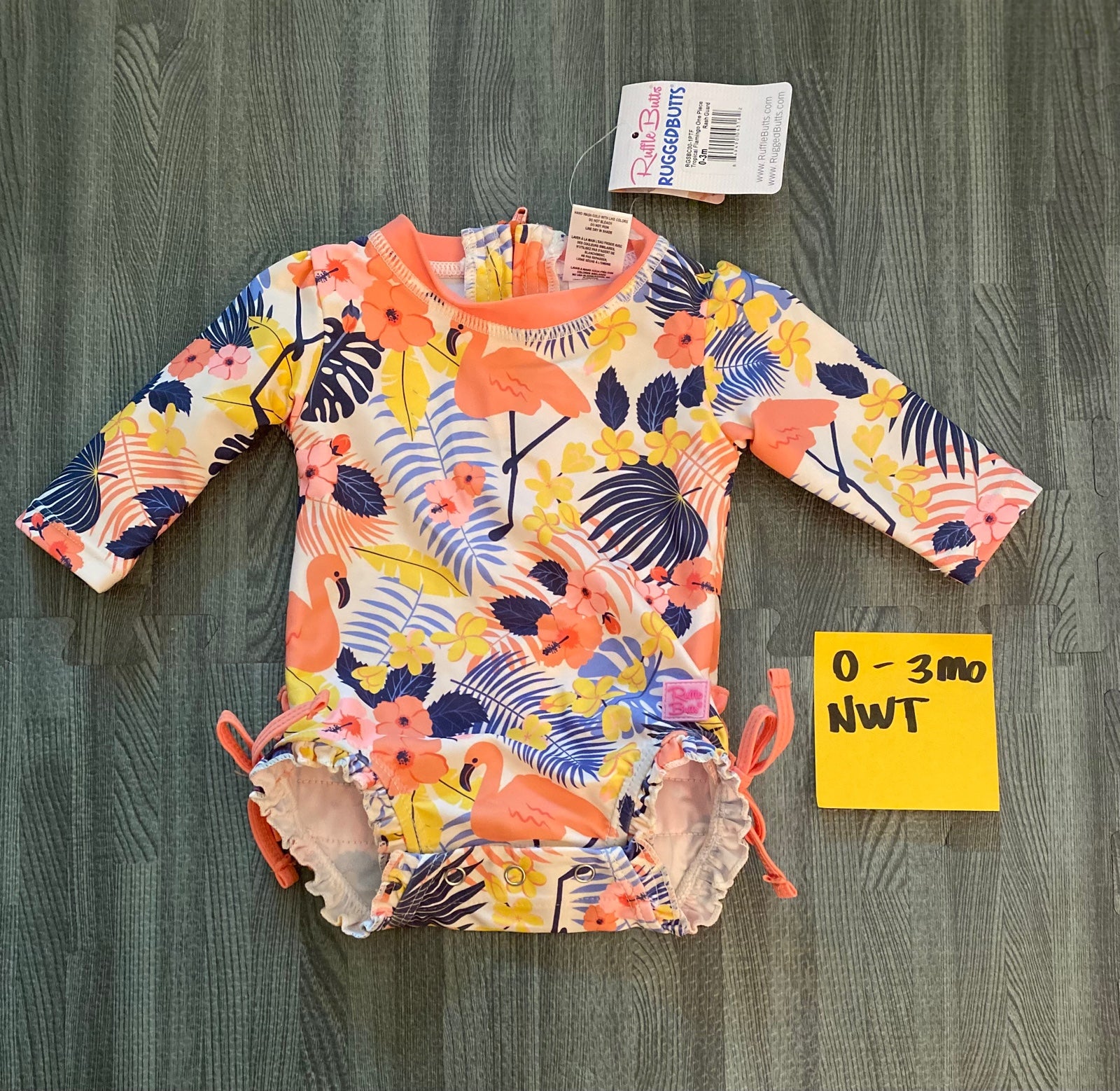 Rufflebutts flamingo coral navy rash guard one piece swim baby girl NWT sz 0-3