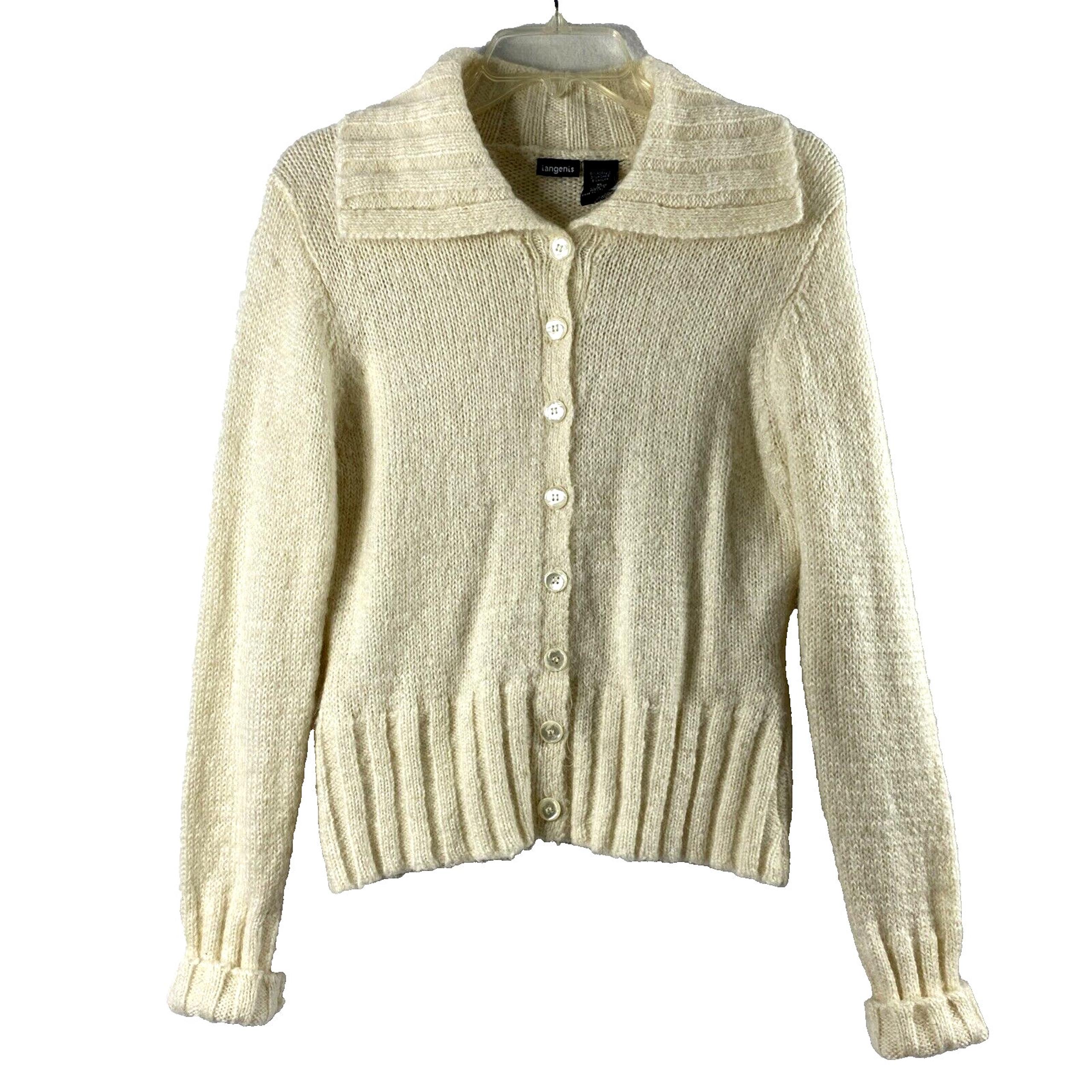 Tangents Cardigan Sweater Womens XL Beige Collared Long Sleeve Mohair Blend