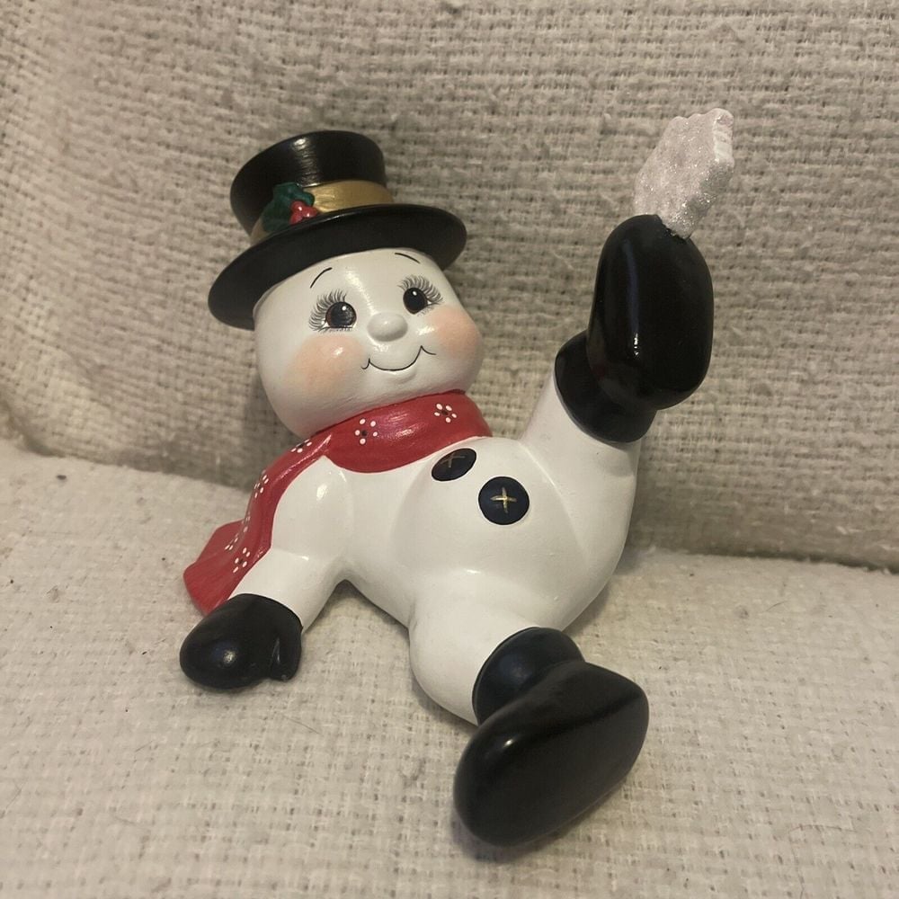Vintage Ceramic Snowman Frosty Top Hat Mica Glitter Snowflake Scarf Hand Painted