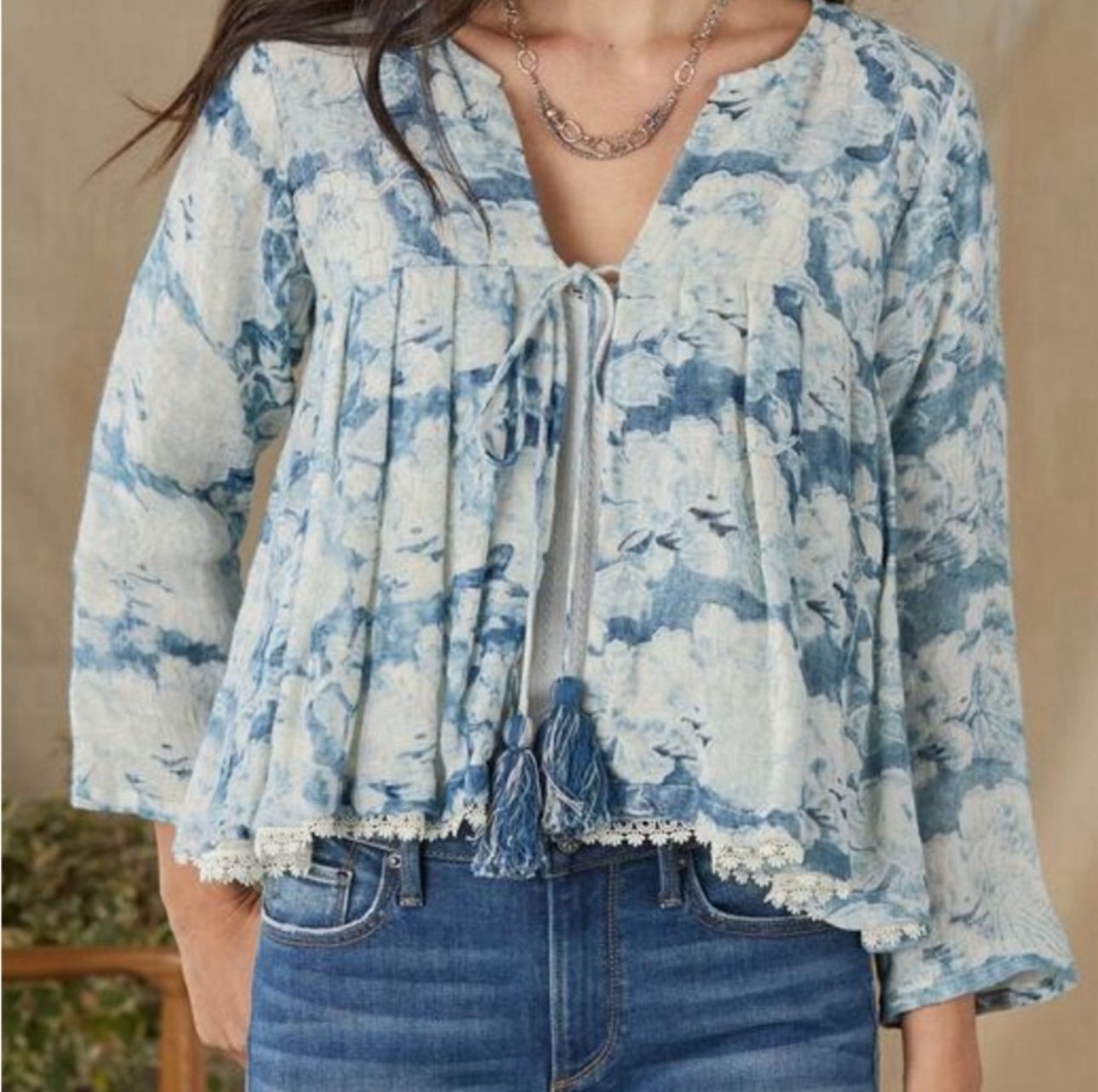 WALK THE EARTH Delaine Jacket tassel tie open front linen top by Alamwar. NEW!