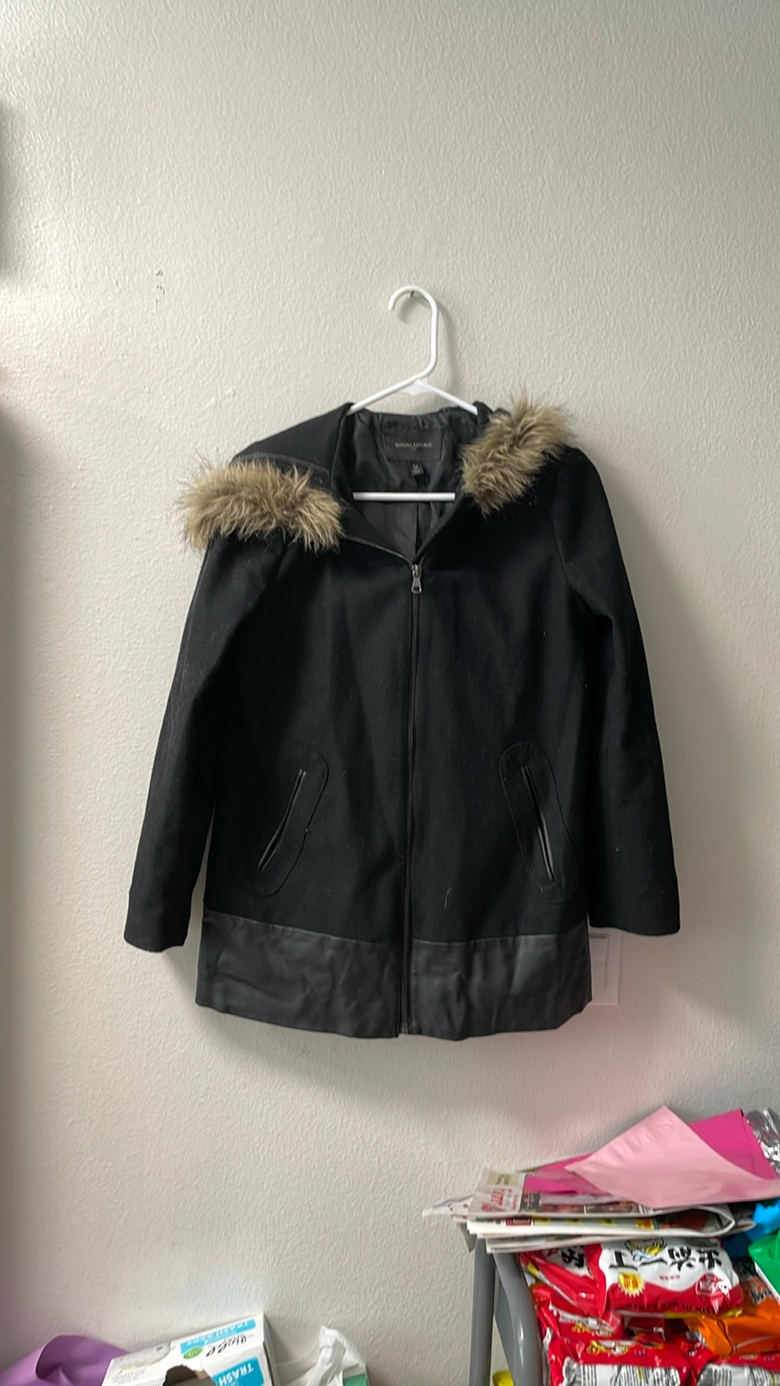 Banana Republic Wool Zip Blend Hooded Coat Faux Fur Trim Black Women's Petite XS