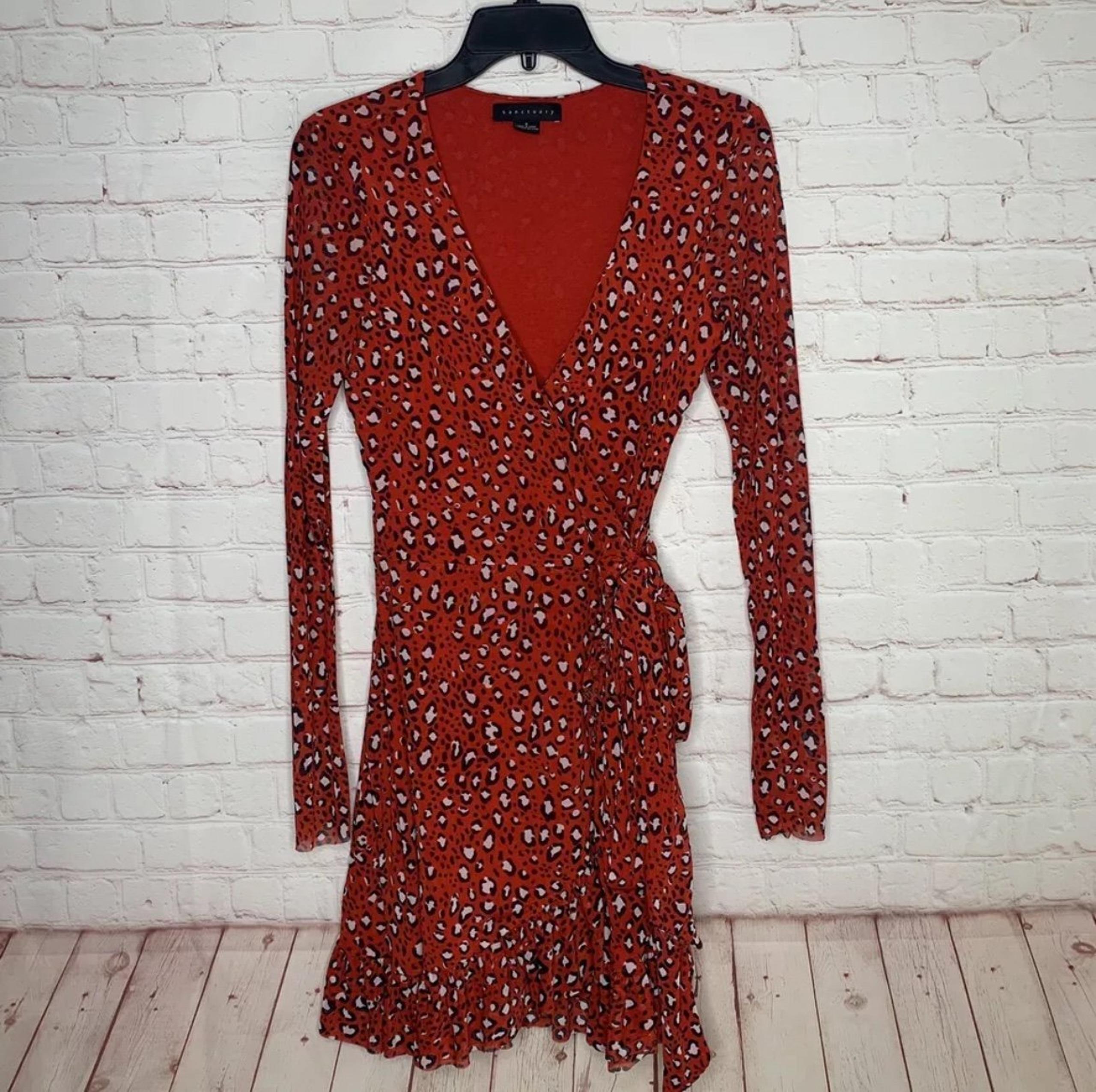 Sanctuary Womens Red Animal Print Long Sleeve Mini Wrap Dress Size S