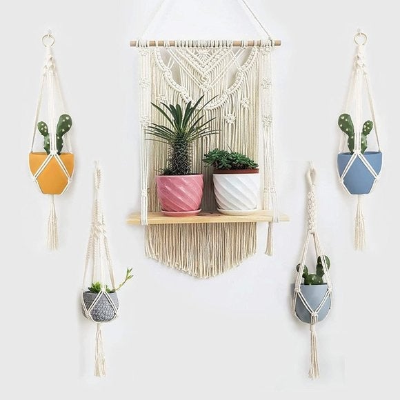 5 Pcs Cotton Woven Wood Hanging Shelf