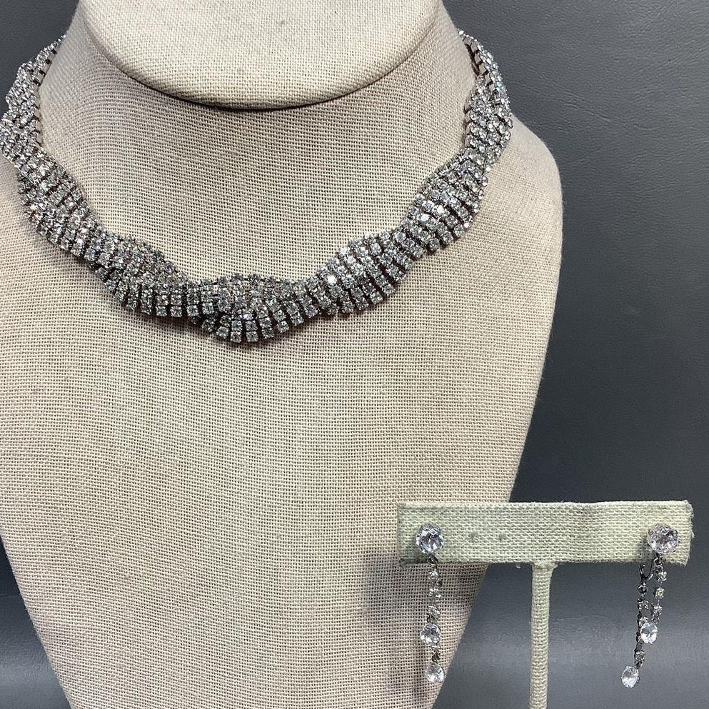 Panetta Vintage Crystal Necklace Earrings Set Silver Tone Bridal Formal 90s