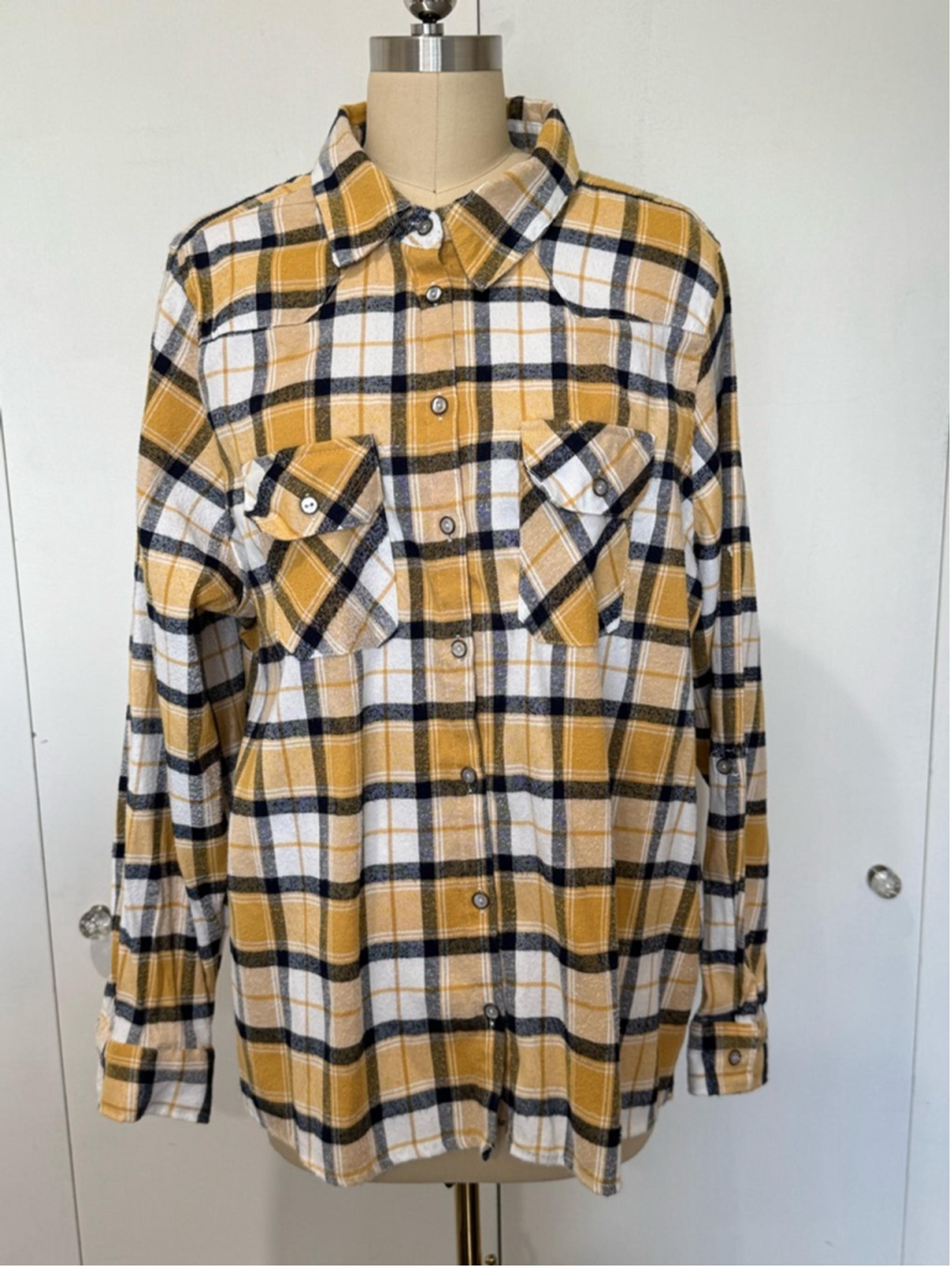 Women’s Justify Plaid button front Flannel Shirt 2XL Yellow White chest pockets
