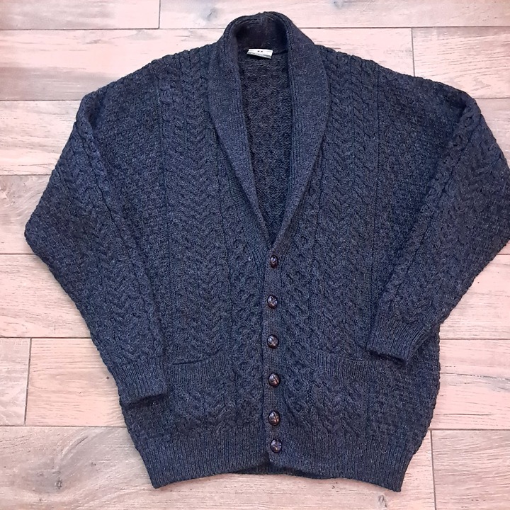 Carraig Donn Cardigan Sweater sz XL Fisherman Cable Knit Wool Shawl Collar grey