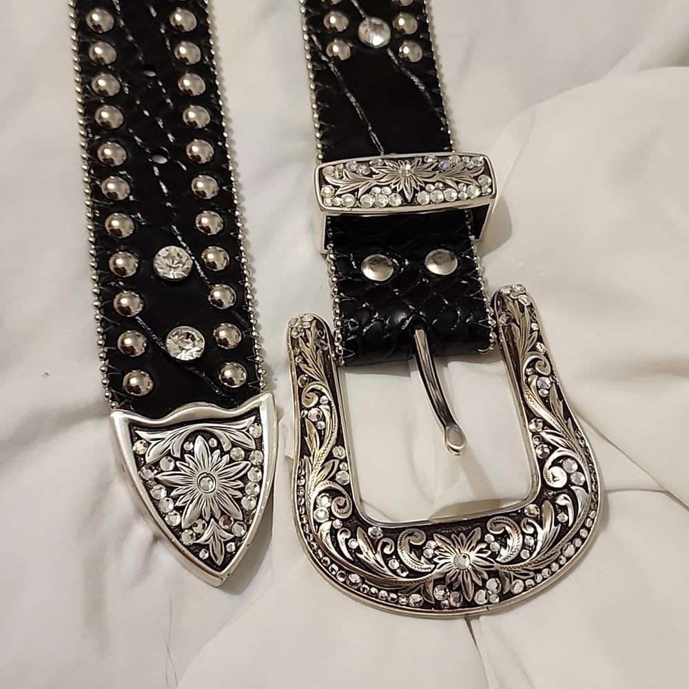 NEW RARE Nocona Black Leather Western Belt Silver Swarovski Studs Ornate Buckle